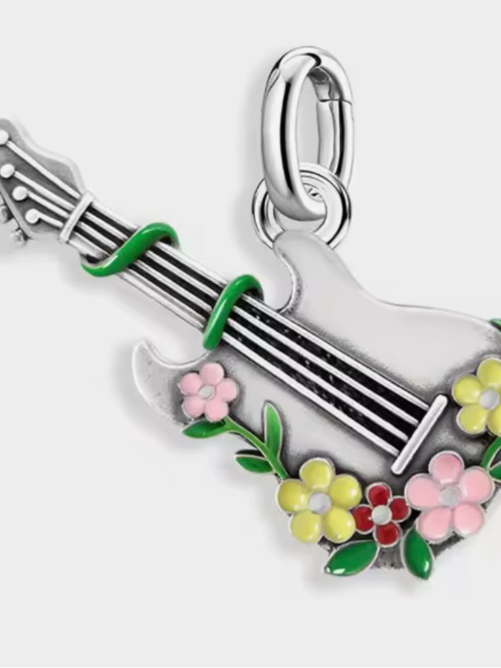 Silver Guitar Floral Charm Pendant - Green, Pink, Yellow Accents 925